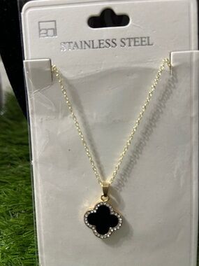 Gold-Tone Stainless Steel Necklace with Black Clover Pendant